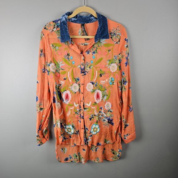 Arrata Silent Journey Boho Embroidered Floral Orange Top With Velvet Collar - Picture 1 of 8